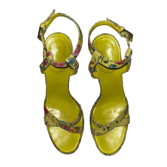 GUCCI Flora Sandals Yellow Floral Canvas EU 38.5 Platform Multicolor Heels Box - Picture 5 of 15